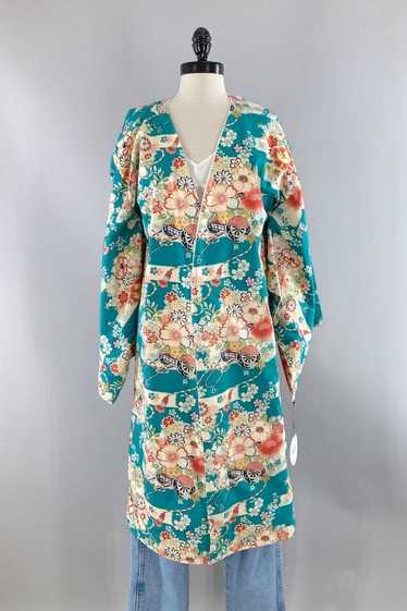 Vintage Turquoise Cotton Kimono Style Robe