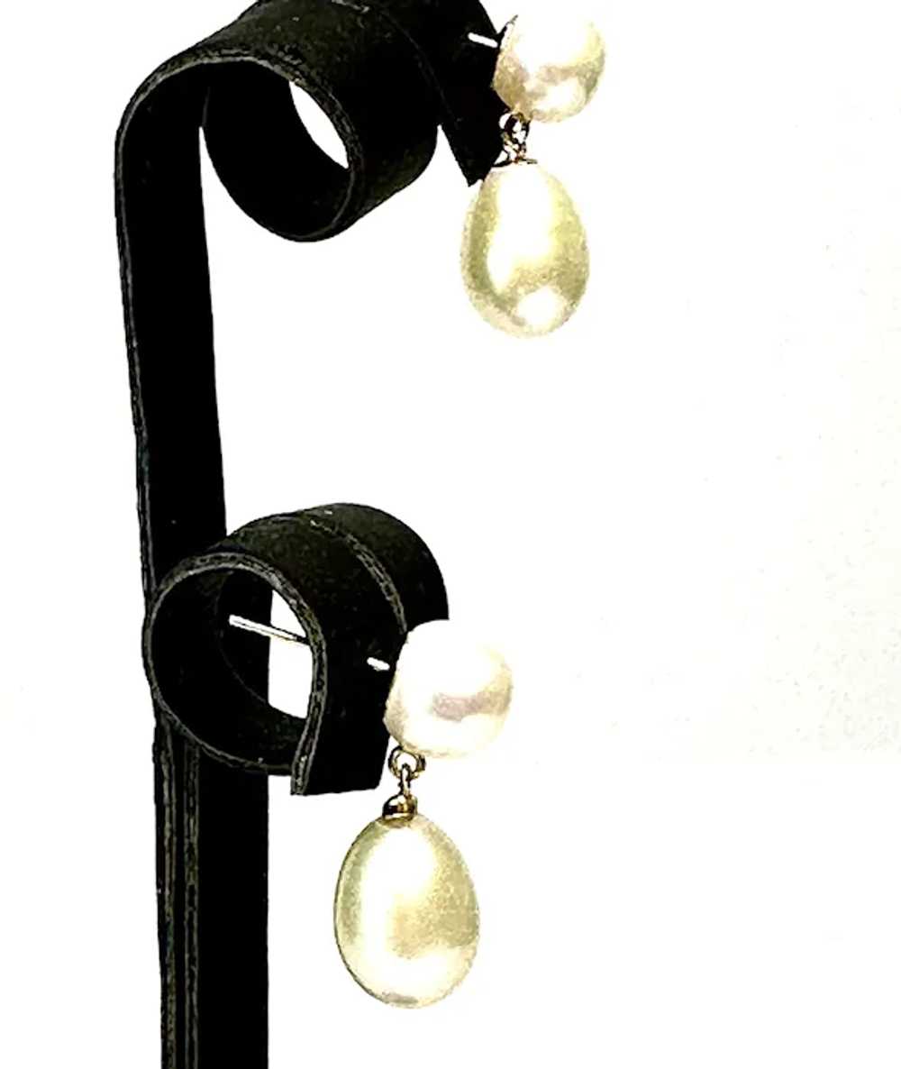 14k Gold and Cultured Pearl Drop Earrings - image 2