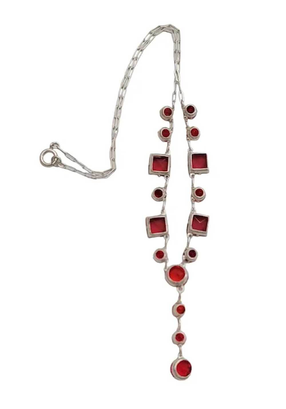 Sterling Silver Art Deco Red Faceted Prong Glass … - image 3