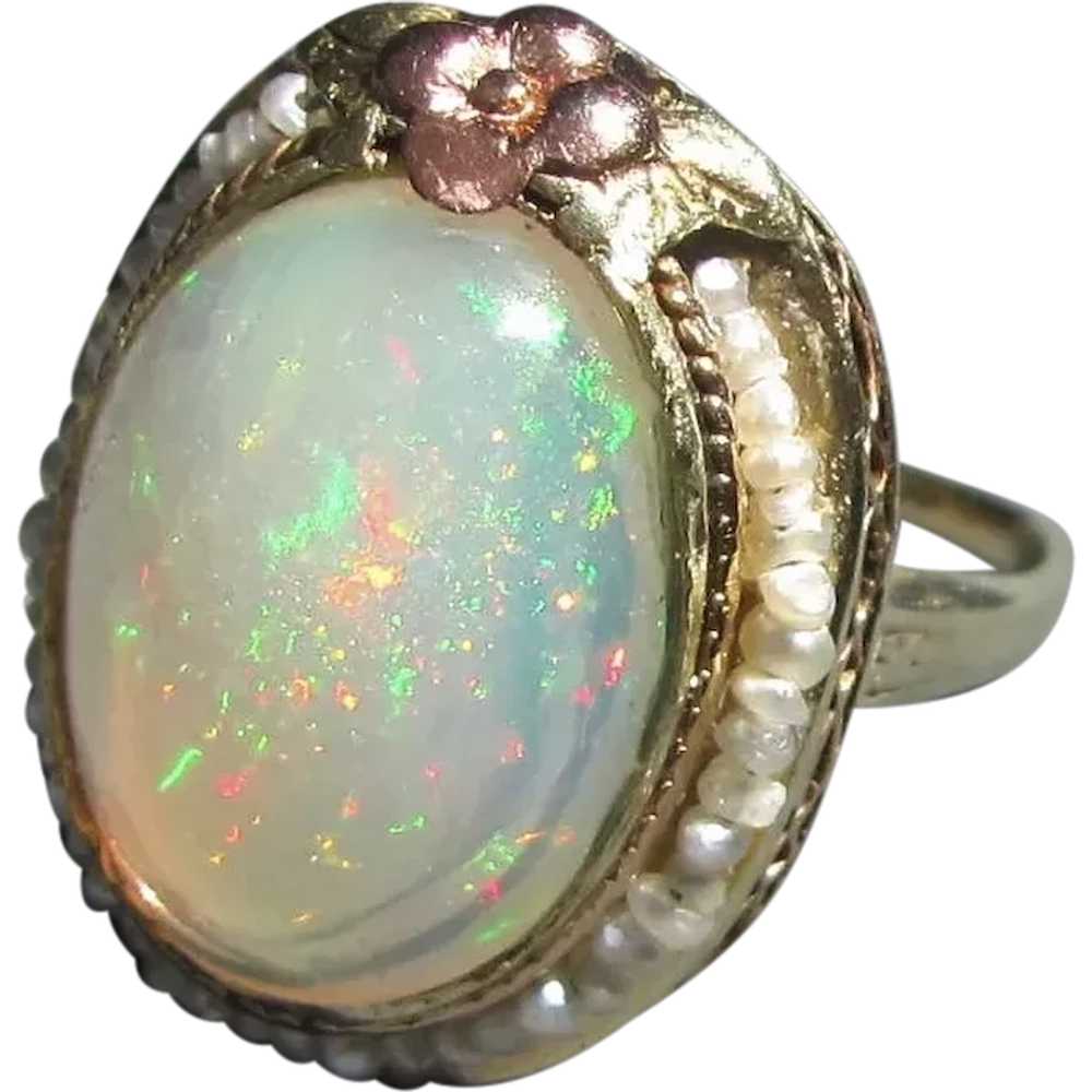 Antique American 14K Gold Opal Seed Pearl Ring Ci… - image 1