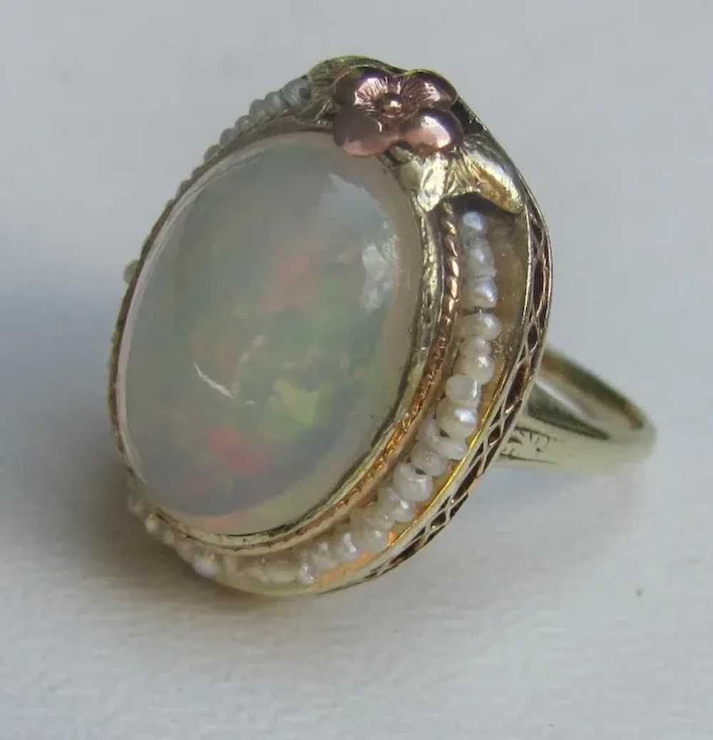 Antique American 14K Gold Opal Seed Pearl Ring Ci… - image 3