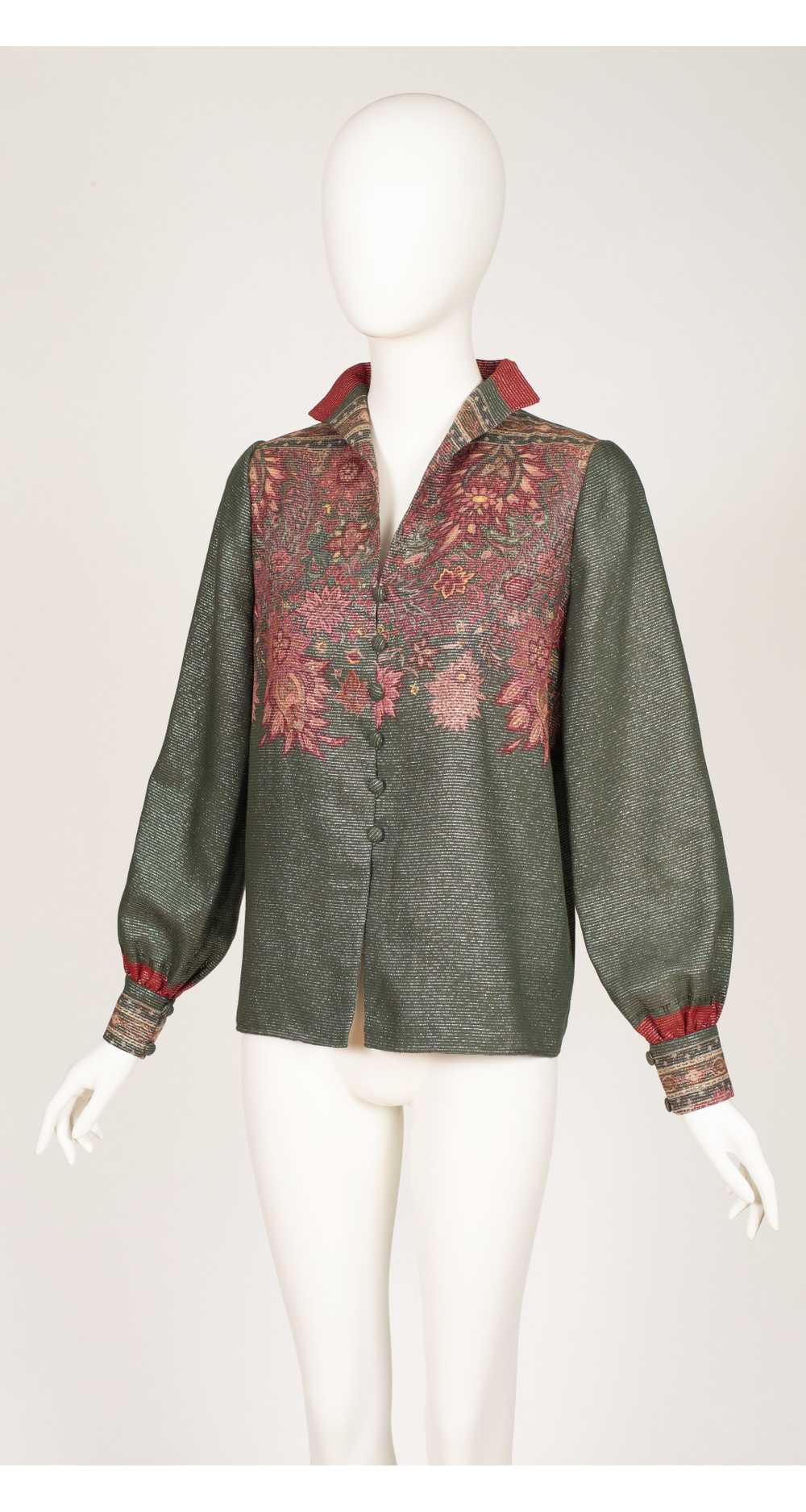 Lancetti 1970s Green Floral Lurex Wool Blouse & S… - image 3