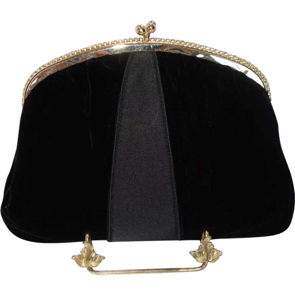 Vintage Black Velvet Evening Bag with Rhinestone … - image 1