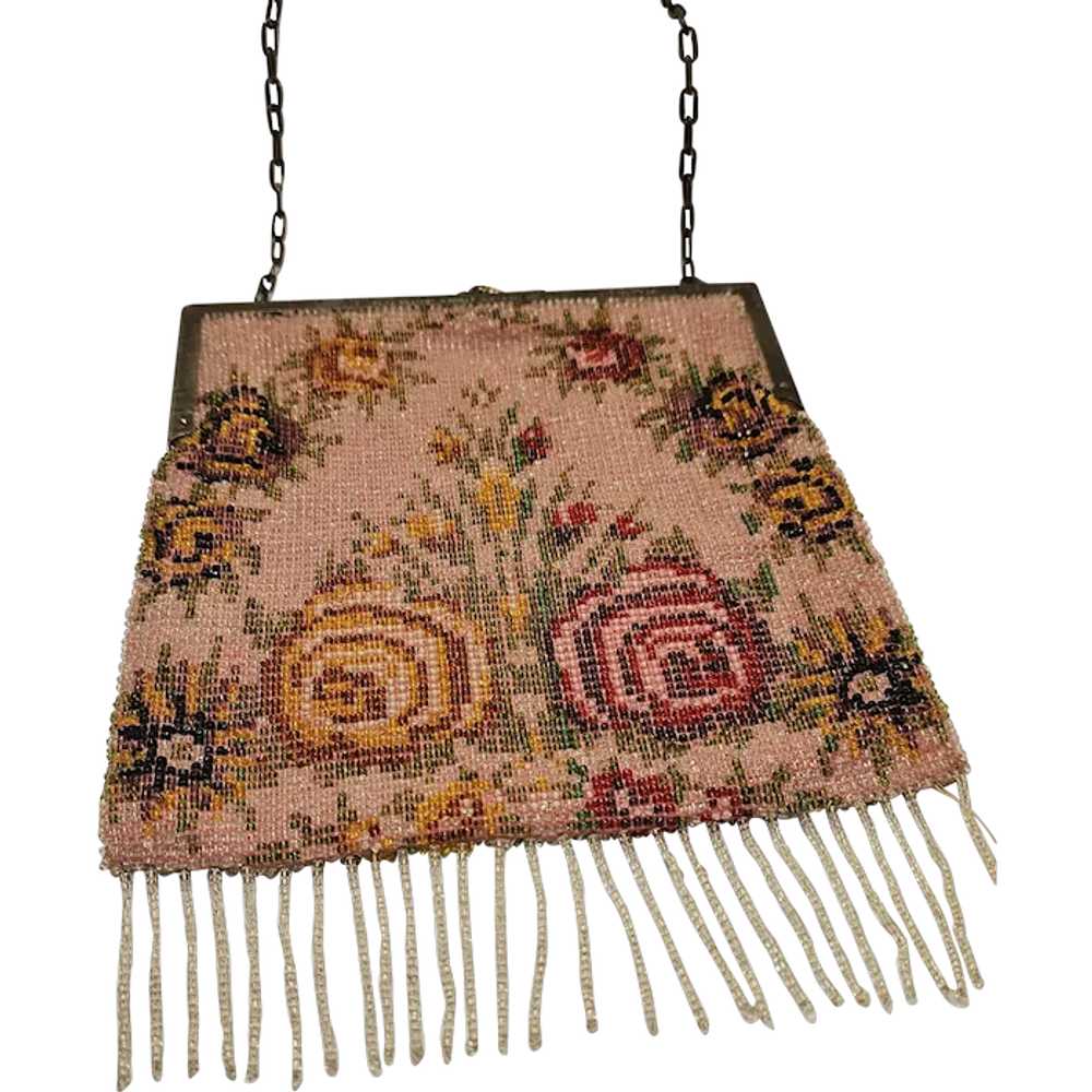 Antique Beaded Pink Handbag with Roses - image 1