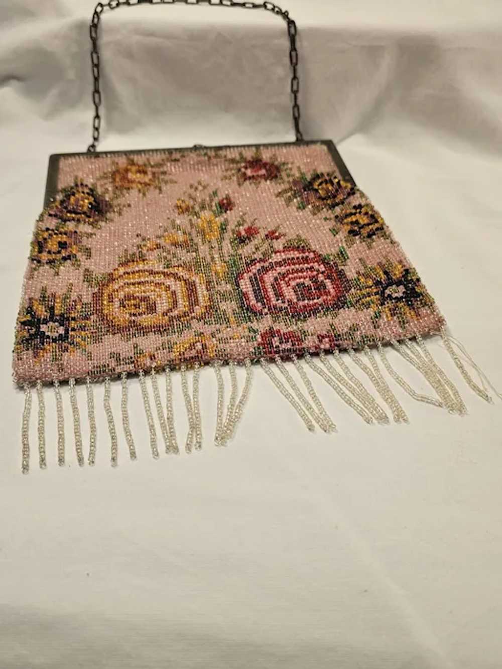 Antique Beaded Pink Handbag with Roses - image 2