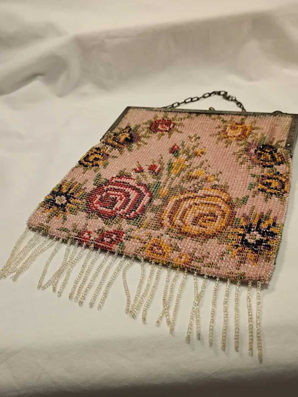 Antique Beaded Pink Handbag with Roses - image 3