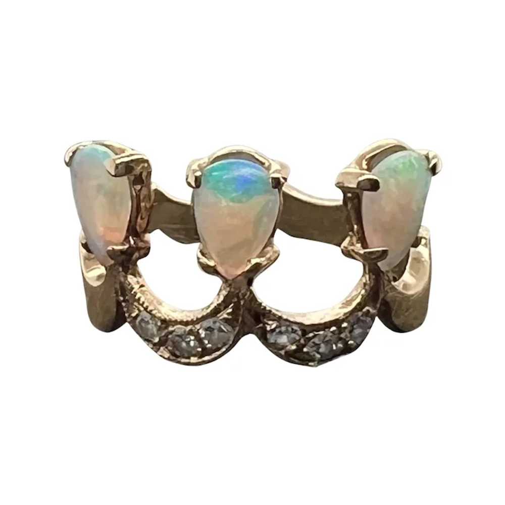 Vintage 14K Gold Opal and Diamond Crown Ring - image 5