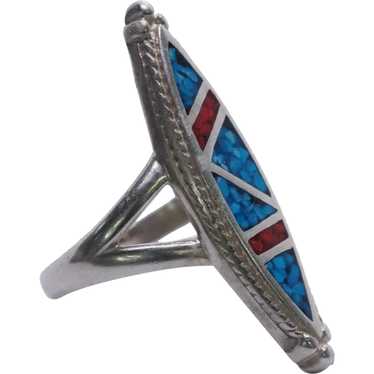 Turquoise And Coral Inlaid South West Sterling Si… - image 1