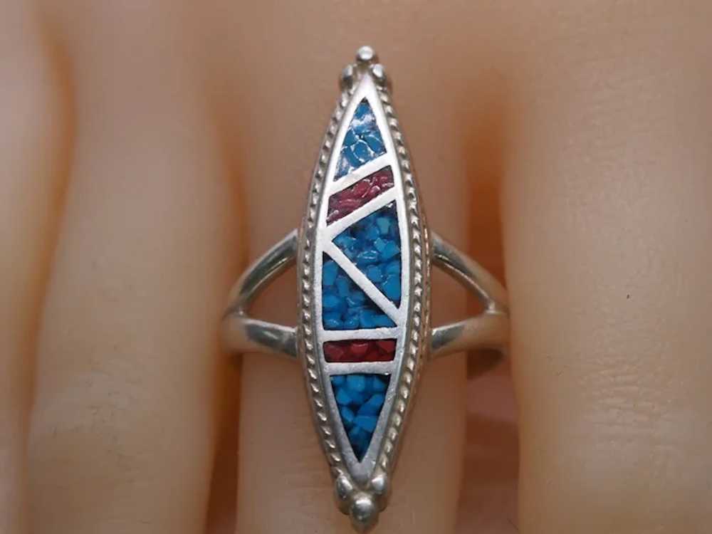 Turquoise And Coral Inlaid South West Sterling Si… - image 3