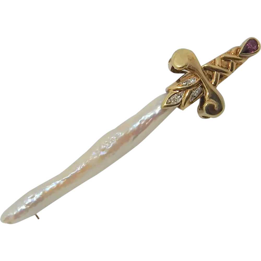 One of a Kind 14K Gold Pearl Pin Sword design - image 1