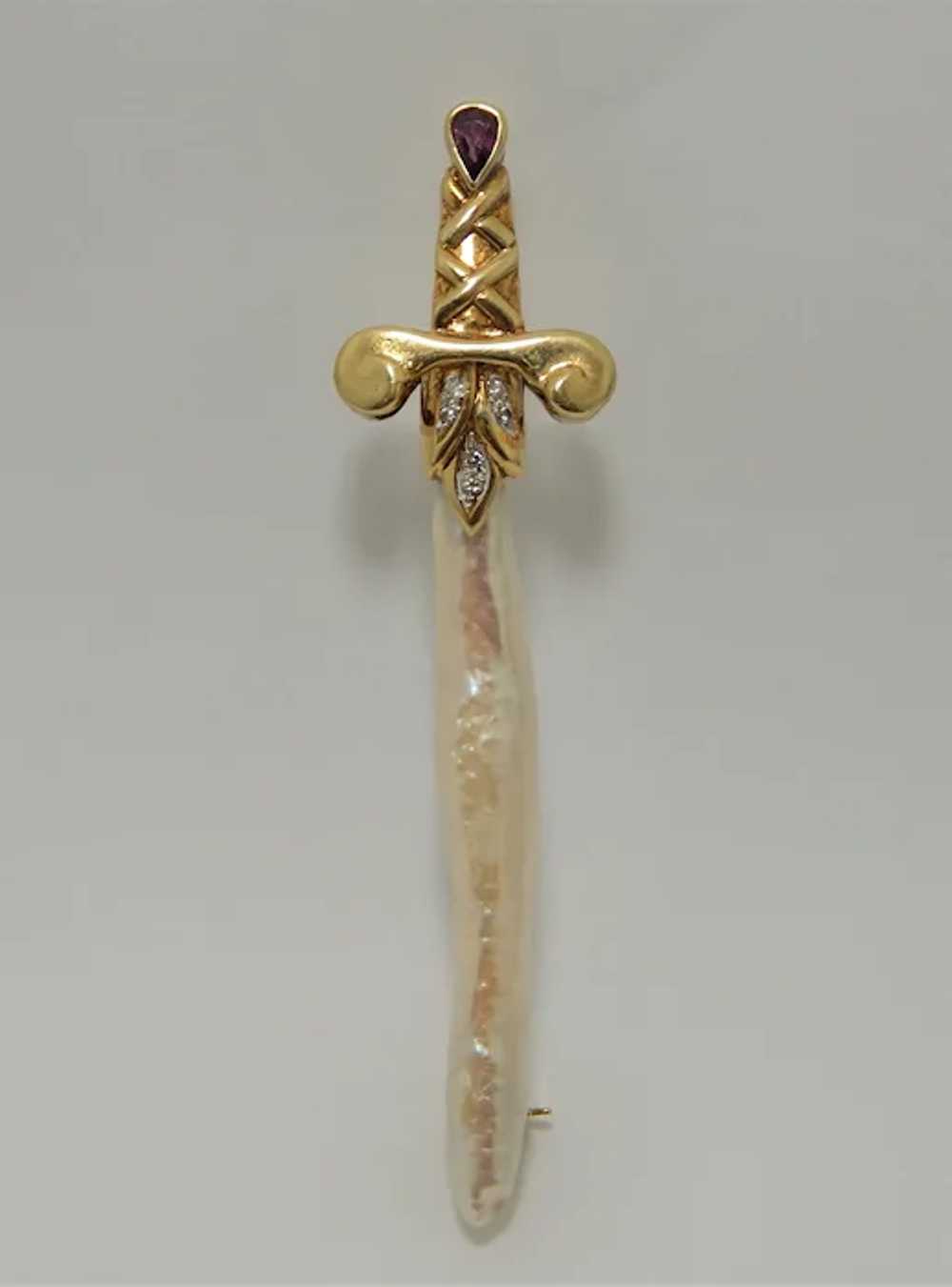 One of a Kind 14K Gold Pearl Pin Sword design - image 2