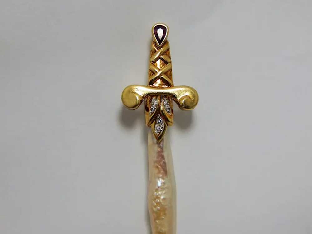 One of a Kind 14K Gold Pearl Pin Sword design - image 3