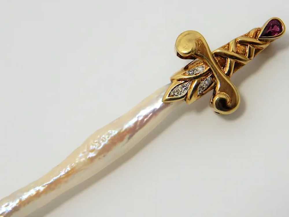 One of a Kind 14K Gold Pearl Pin Sword design - image 4