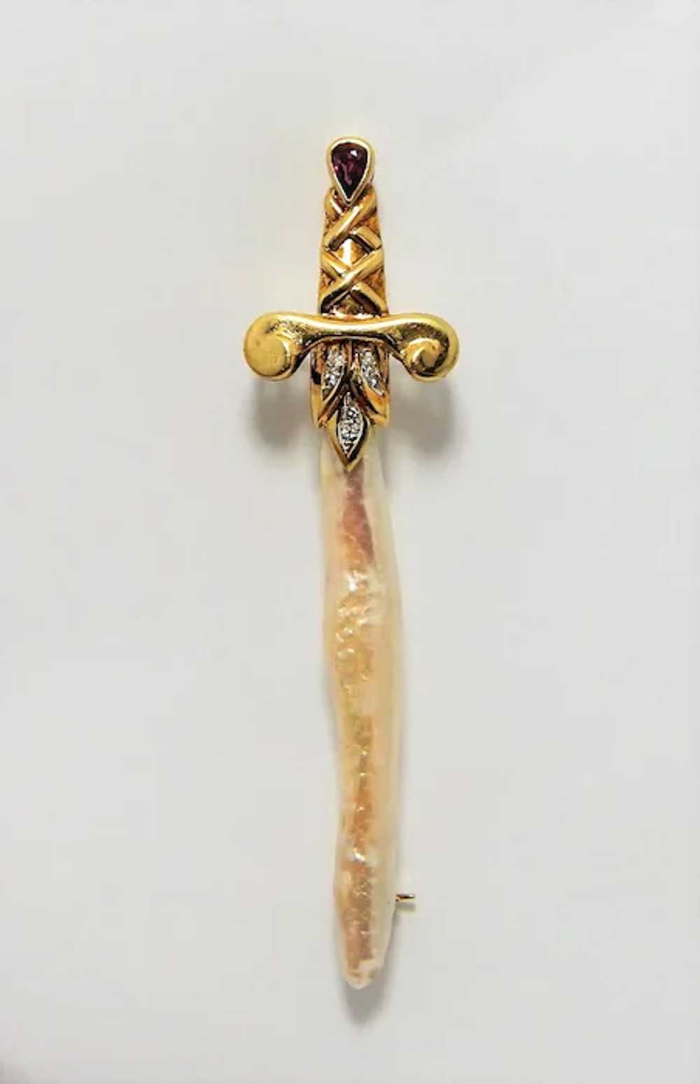 One of a Kind 14K Gold Pearl Pin Sword design - image 5