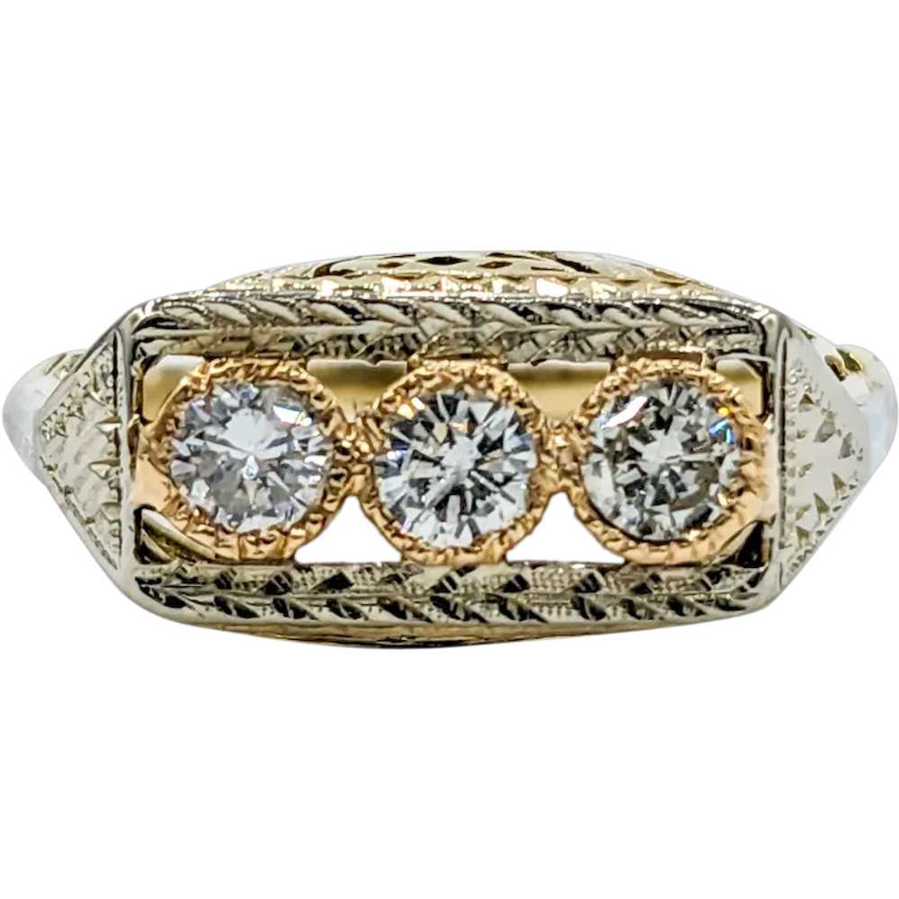 Antique Art Deco Three Stone Diamond Ring in 10kt… - image 1