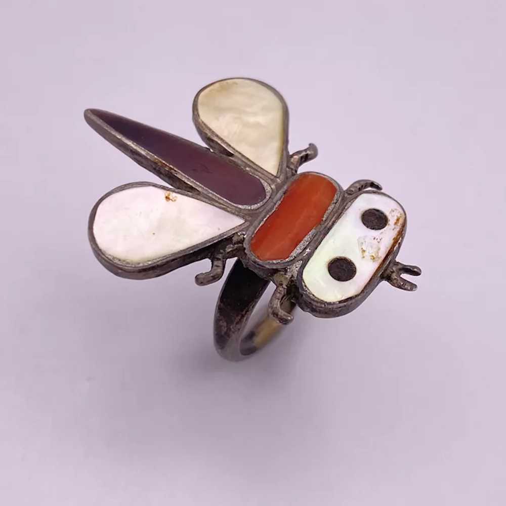 Zuni Crafted Dragonfly Intarsia Inlay Ring, Signed - image 2