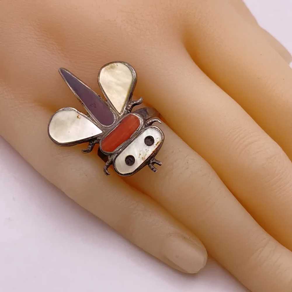 Zuni Crafted Dragonfly Intarsia Inlay Ring, Signed - image 3