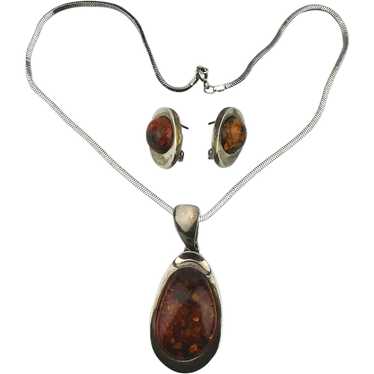 Vintage Baltic Amber Pendant Necklace Sterling Si… - image 1