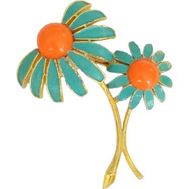 Weiss Gold Tone Teal Enamel Orange Cabochon Daisy… - image 1