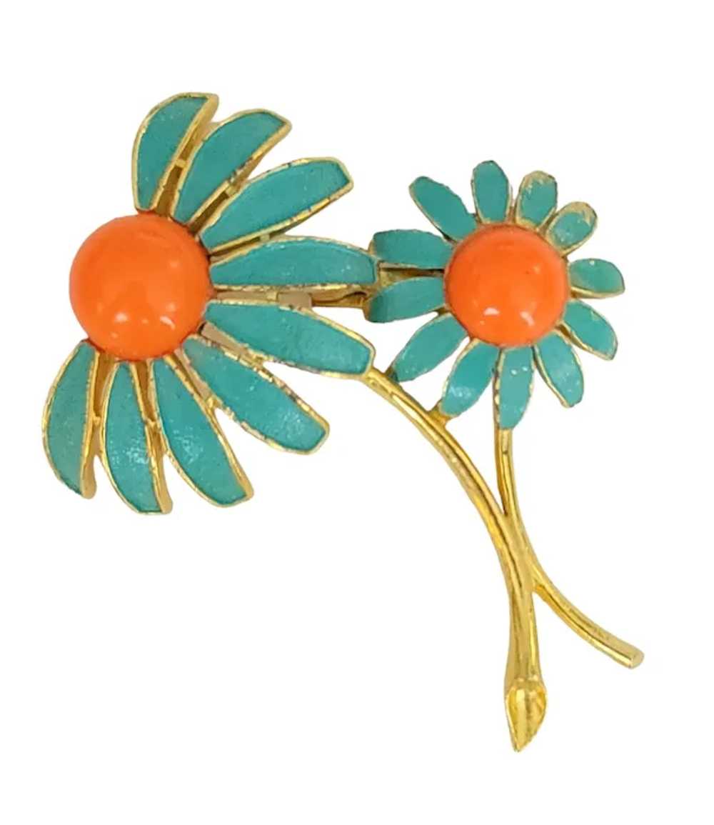 Weiss Gold Tone Teal Enamel Orange Cabochon Daisy… - image 2