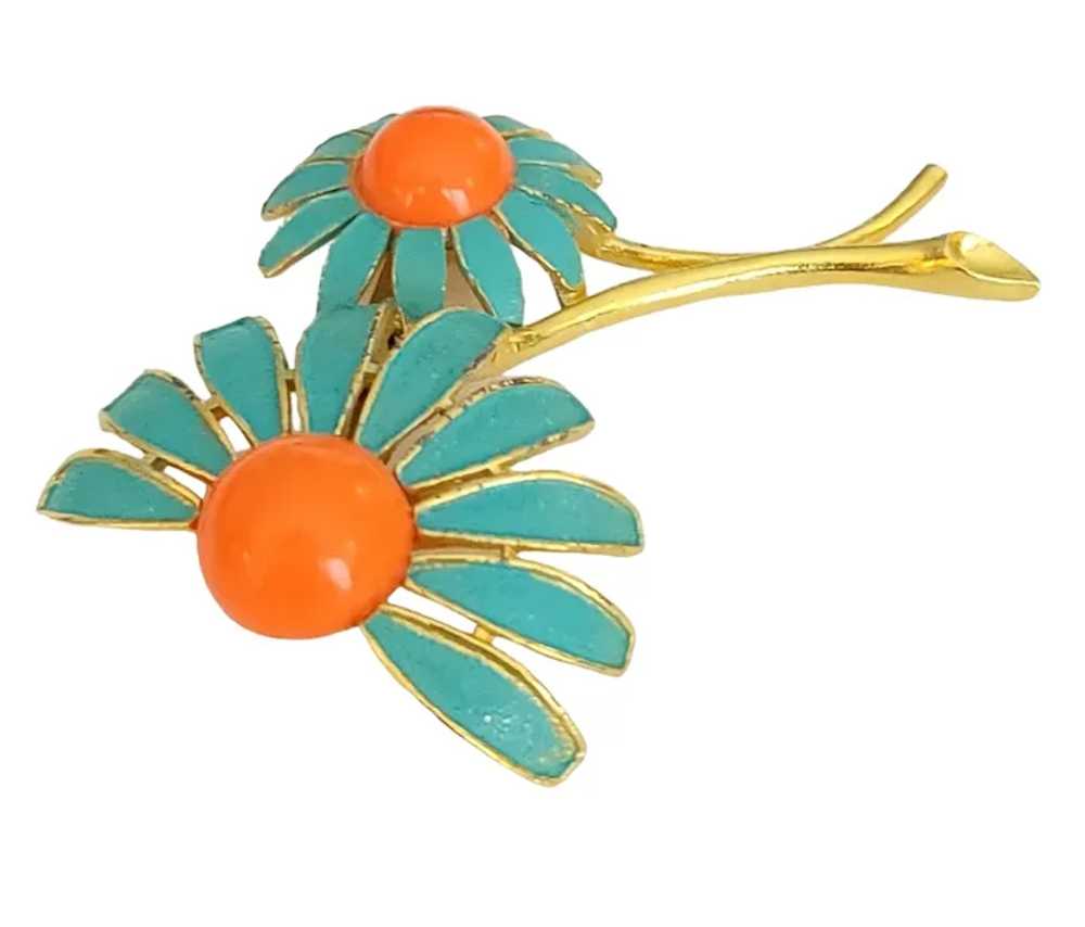 Weiss Gold Tone Teal Enamel Orange Cabochon Daisy… - image 3