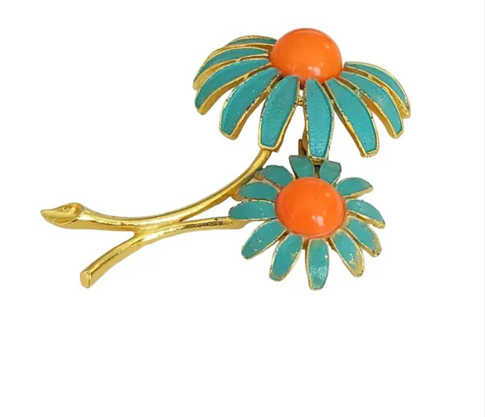 Weiss Gold Tone Teal Enamel Orange Cabochon Daisy… - image 4