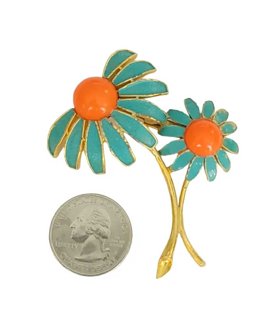 Weiss Gold Tone Teal Enamel Orange Cabochon Daisy… - image 6