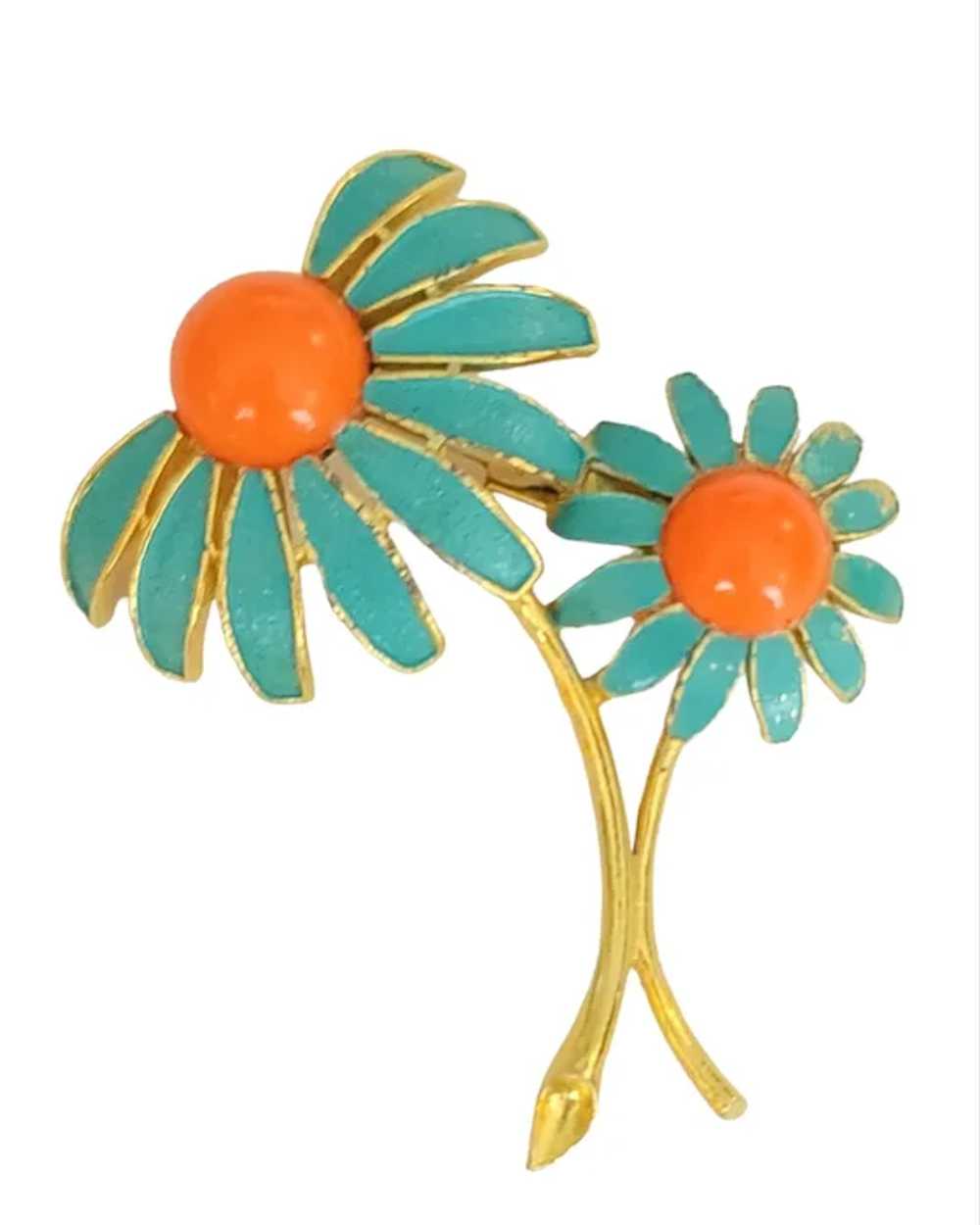 Weiss Gold Tone Teal Enamel Orange Cabochon Daisy… - image 9