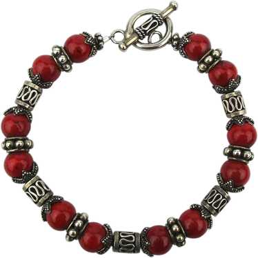 Exotic Sterling Silver Bracelet w/ Hot Red Beads - image 1