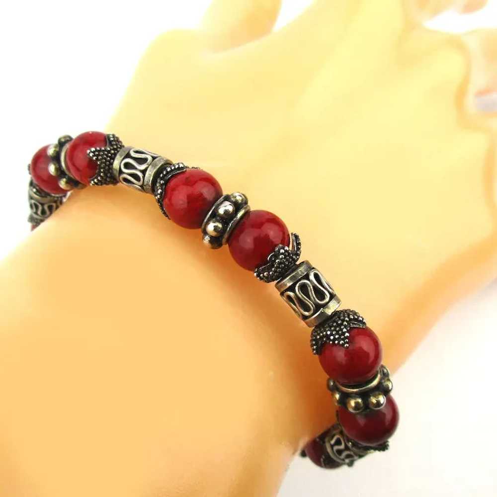 Exotic Sterling Silver Bracelet w/ Hot Red Beads - image 2