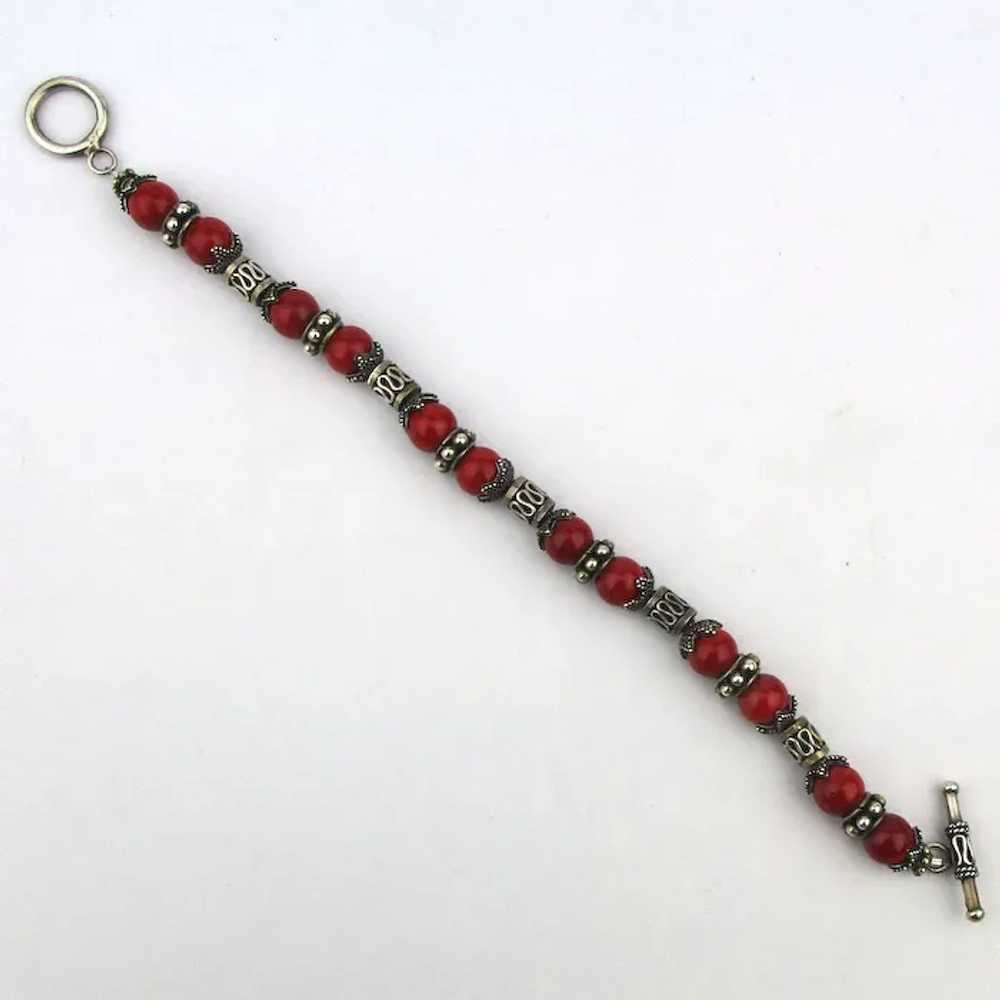 Exotic Sterling Silver Bracelet w/ Hot Red Beads - image 4