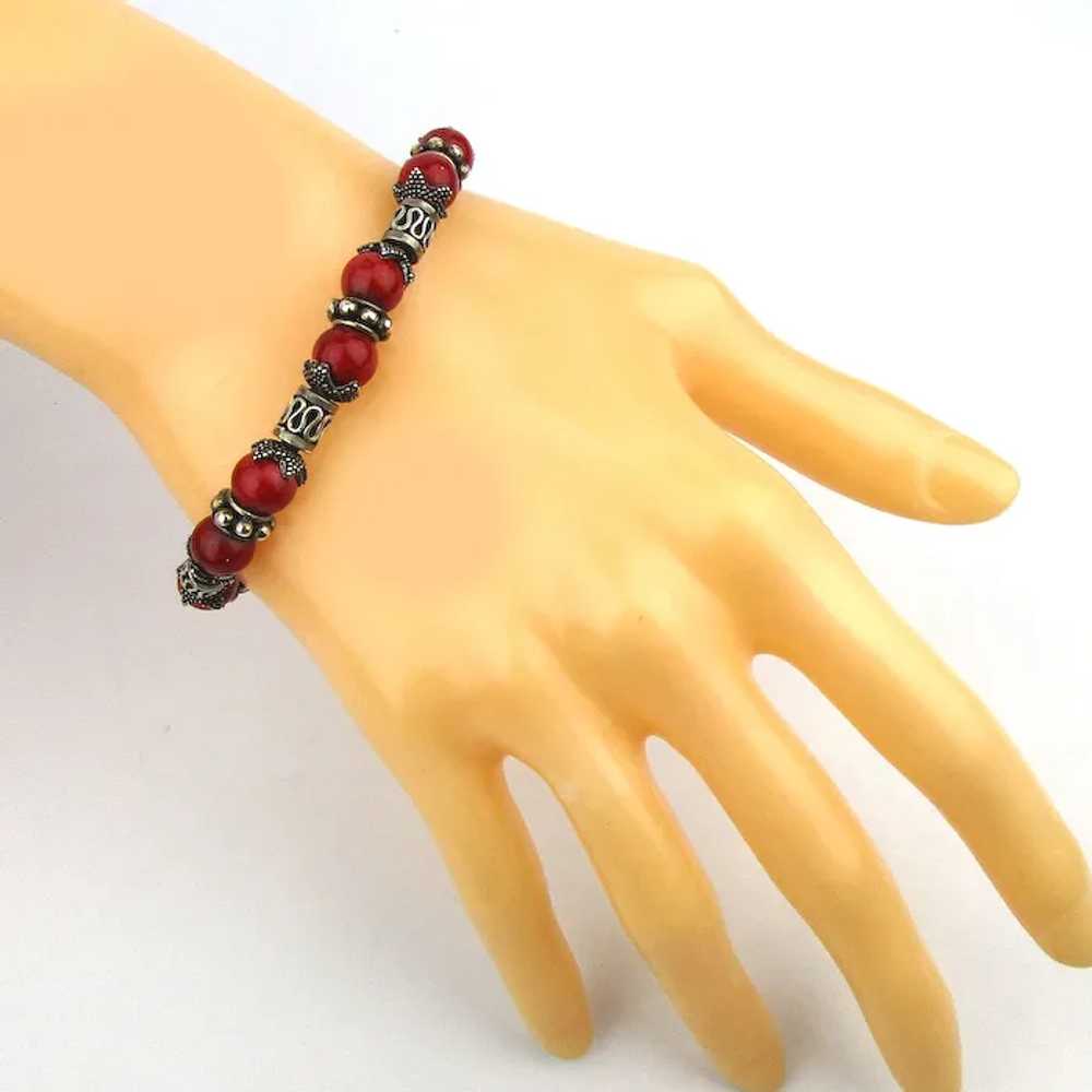 Exotic Sterling Silver Bracelet w/ Hot Red Beads - image 5