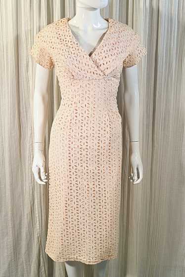 Vintage 50s Eyelet Lace Dress, Cream Lace/Peach Li