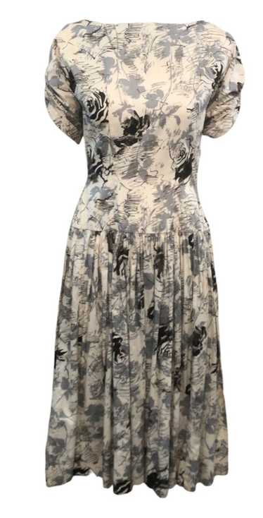 1950's Cotton Day Dress with Squiggle Rose Print