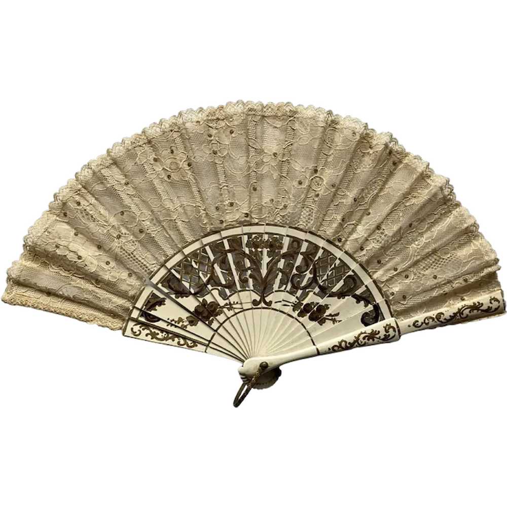 Vintage Cream-Colored Hand-Painted Spanish Fan - image 1
