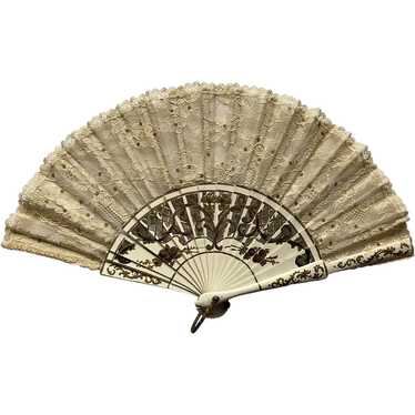 Vintage Cream-Colored Hand-Painted Spanish Fan