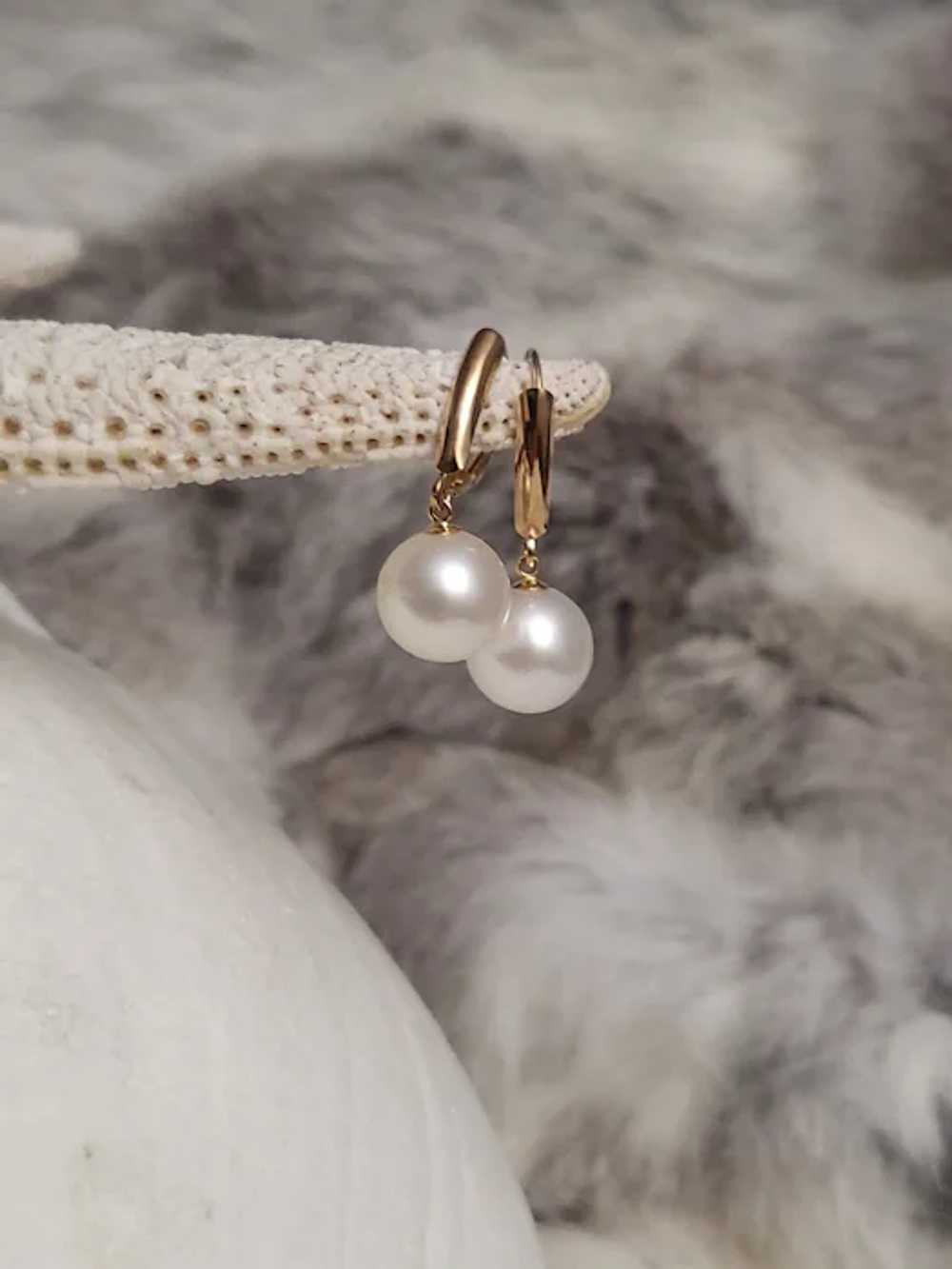 14K 9mm Cultured Soft White Pearl Earrings Leverb… - image 3