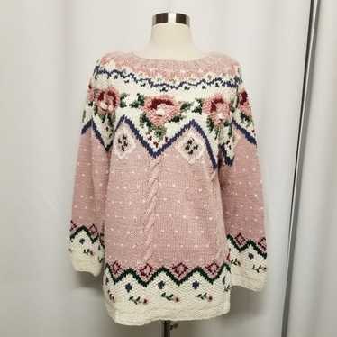 Vintage Vintage 90s y2k Pink Floral Fair Isle Cot… - image 1