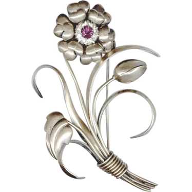 ART NOUVEAU Floral Silver Pin Rhinestone Center - image 1