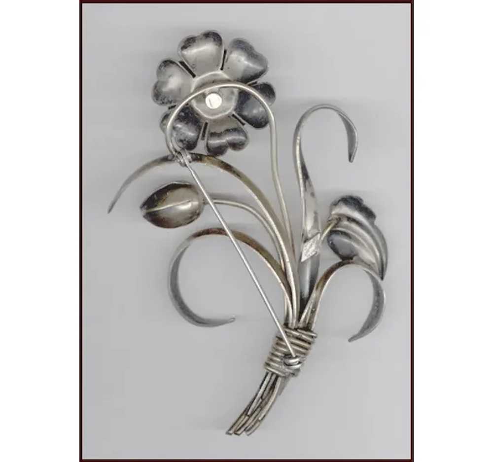 ART NOUVEAU Floral Silver Pin Rhinestone Center - image 2