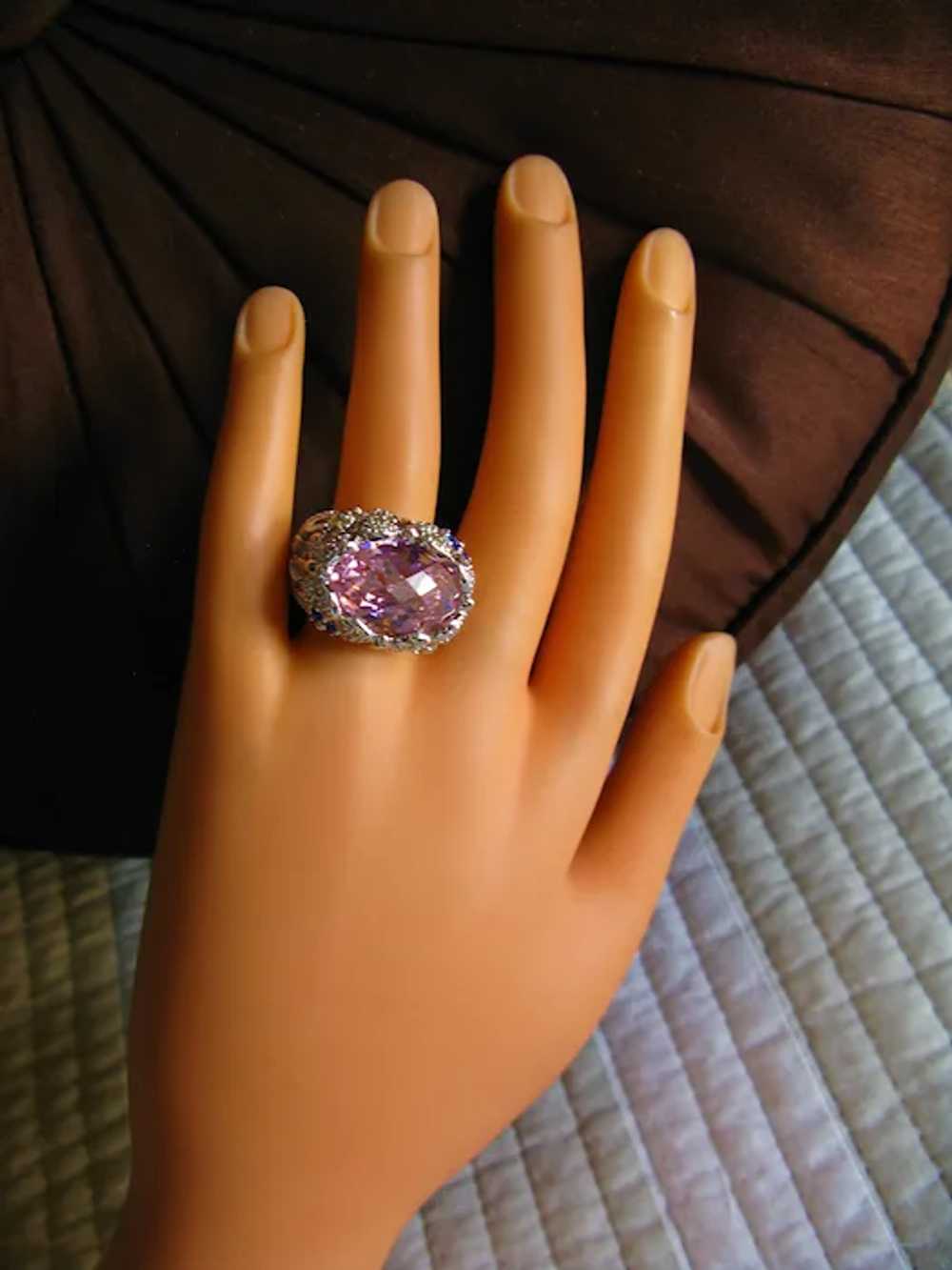 Pink CZ 925 Silver Cocktail Ring Size 8 - image 3