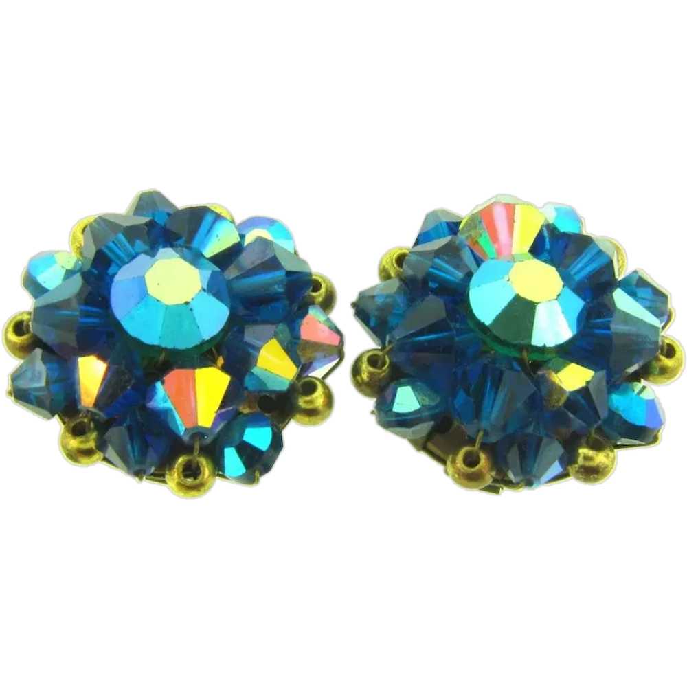 Vintage blue AB beaded clip-on Earrings - image 1