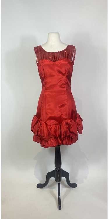 1980s Red Satin Bow Hem Sequin Party Dress