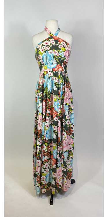 1970s Multicolor Floral Print Halter Maxi Dress