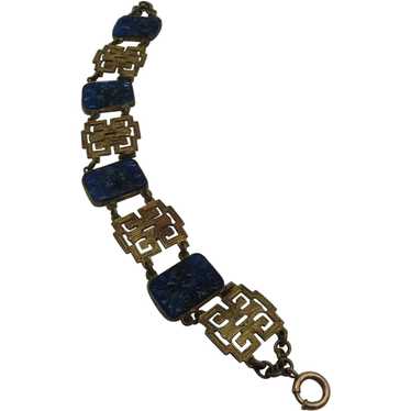 Vintage Asian Inspired Brass and Blue Glass Line … - image 1