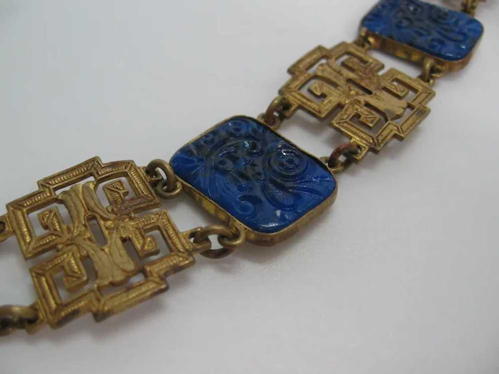 Vintage Asian Inspired Brass and Blue Glass Line … - image 2