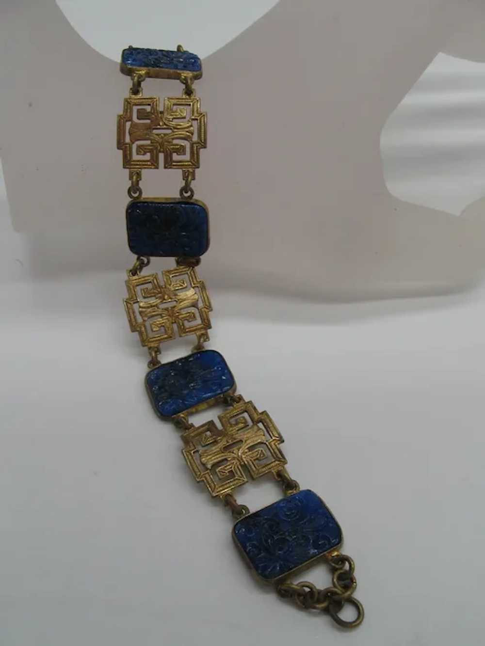 Vintage Asian Inspired Brass and Blue Glass Line … - image 3