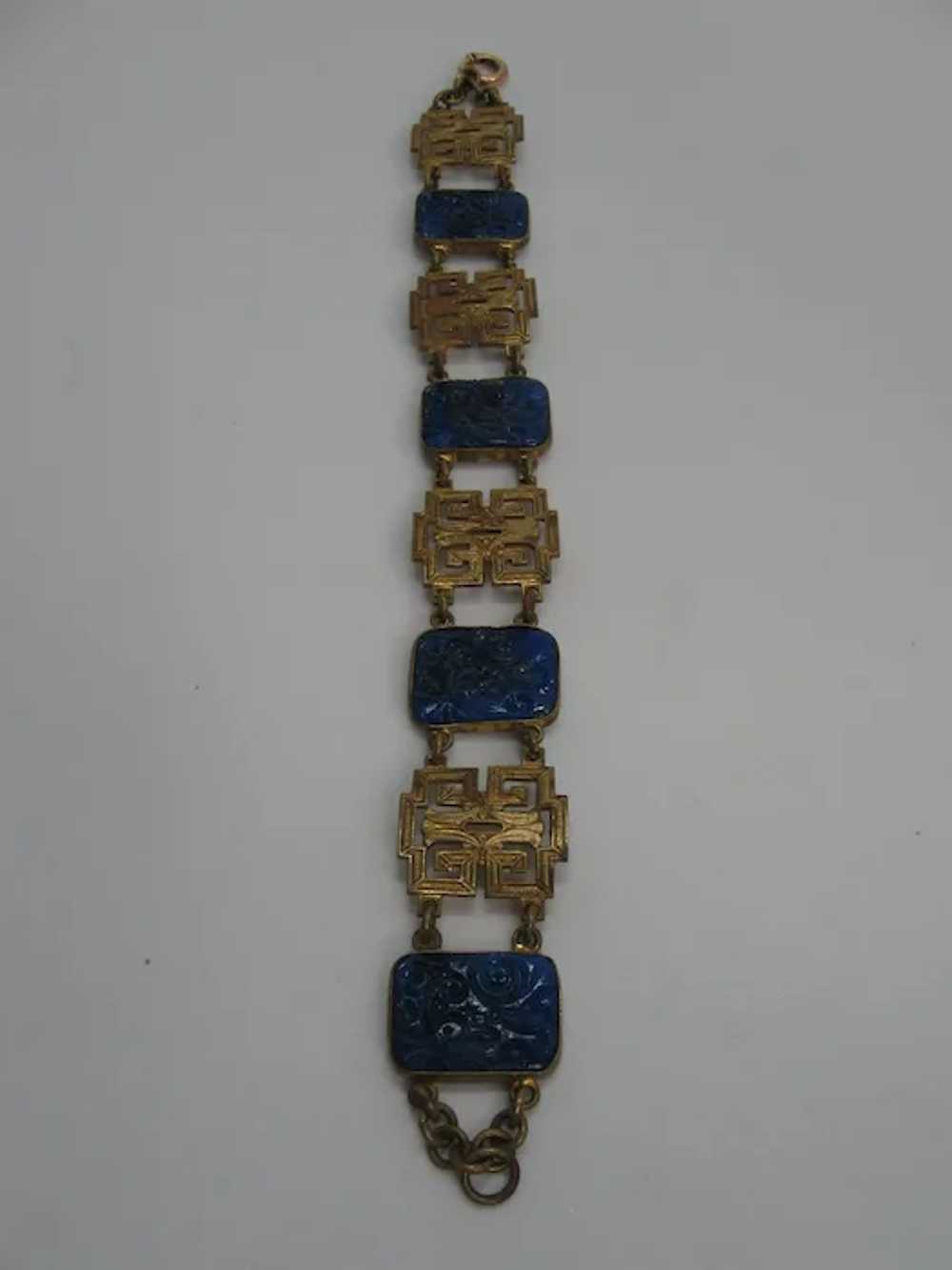 Vintage Asian Inspired Brass and Blue Glass Line … - image 4