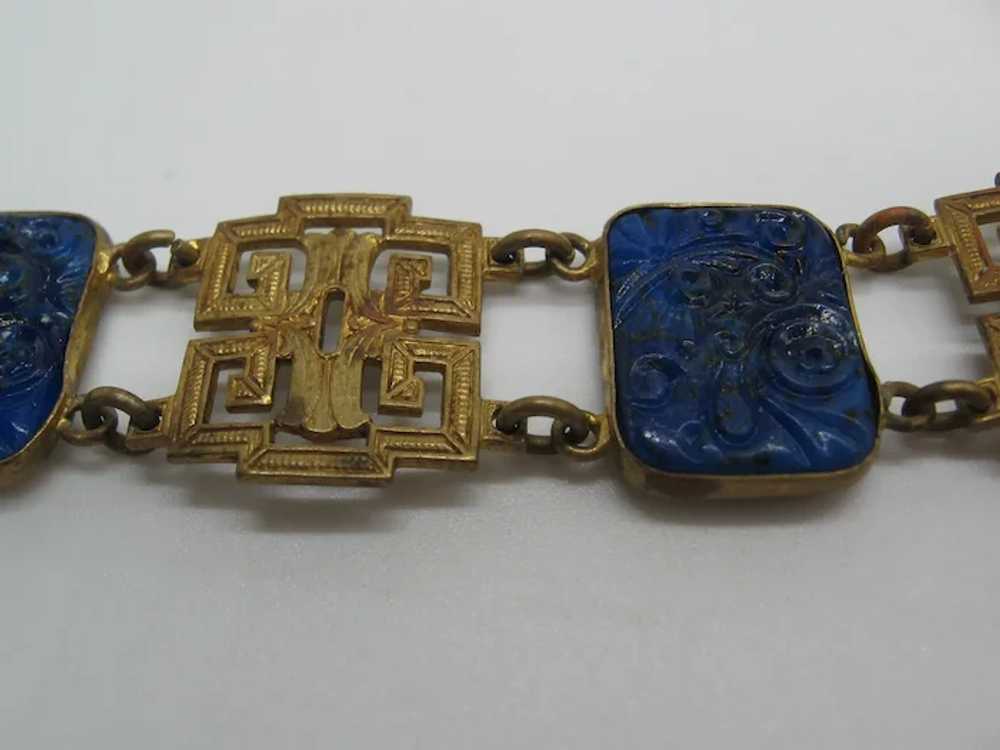 Vintage Asian Inspired Brass and Blue Glass Line … - image 5