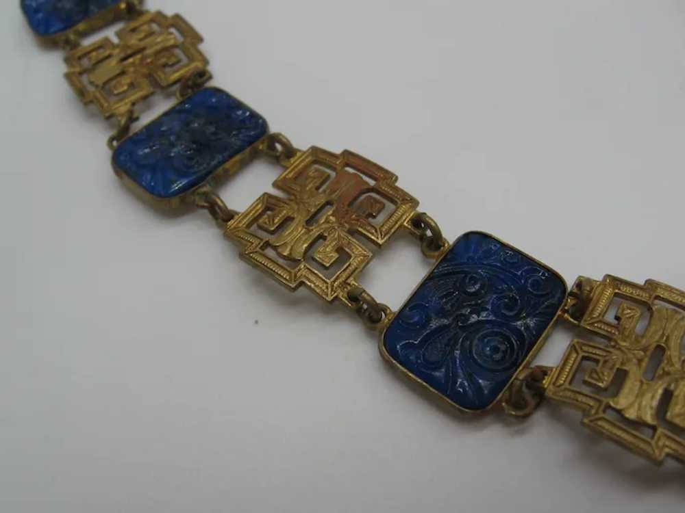 Vintage Asian Inspired Brass and Blue Glass Line … - image 6